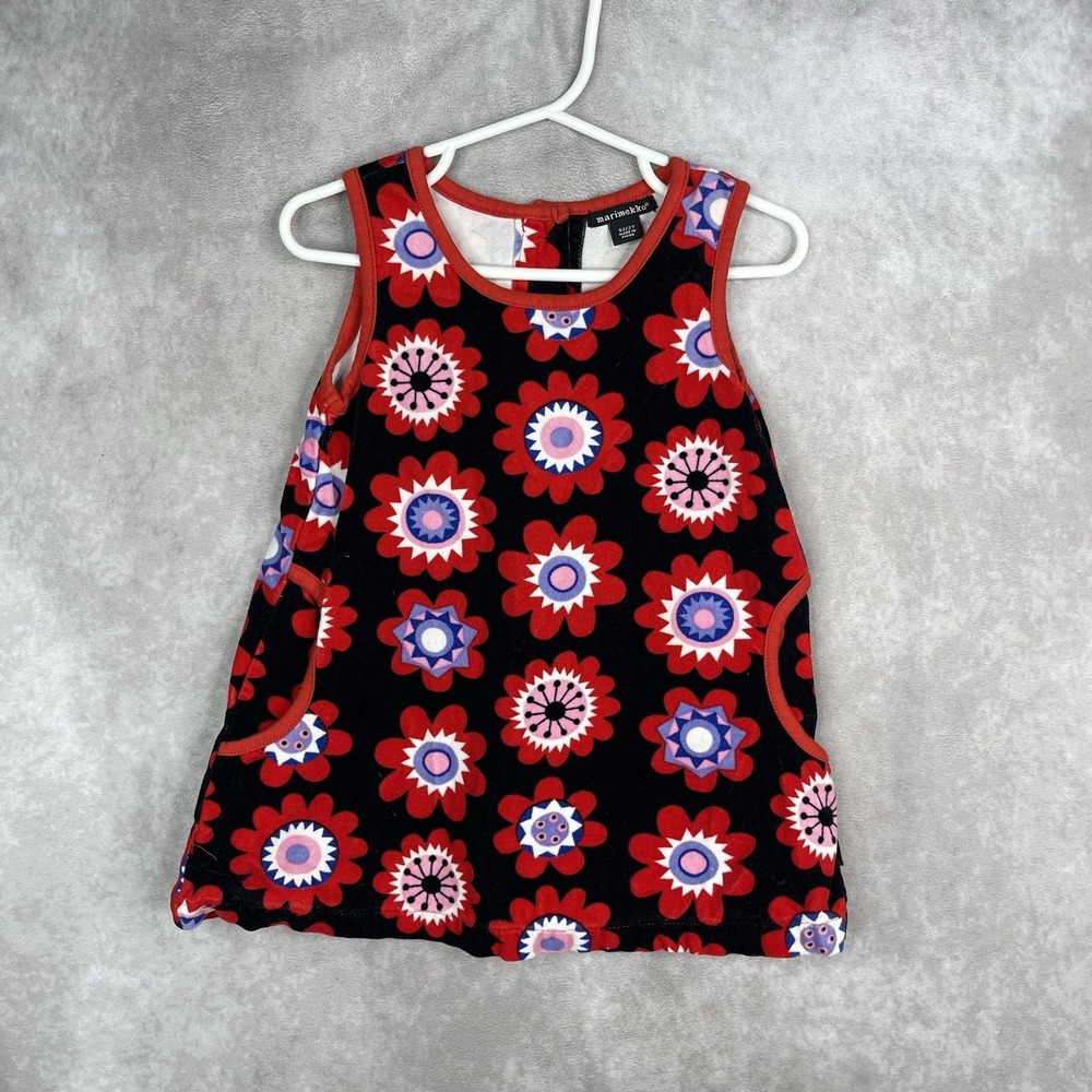 Marimekko Floral Poppy Velvet Dress In Black Red Girl's Size 2Y